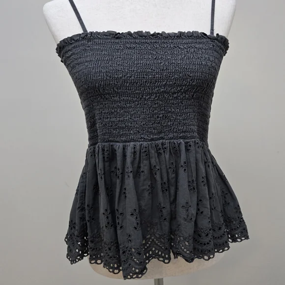 American Eagle Tank Top Shirt Lace Smocked Eyelet Babydoll Charcoal Women's XL - Picture 2 of 16